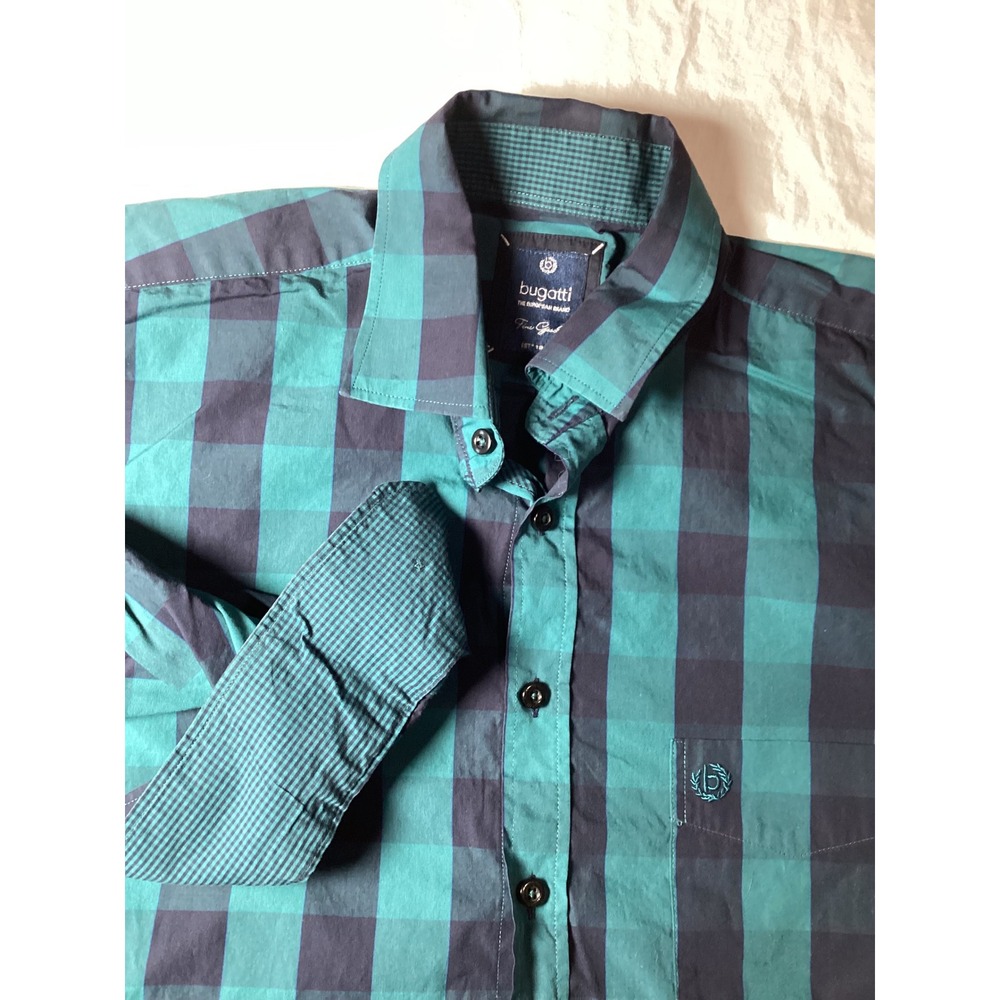 Bugatti Mens Ryan Fit Teal Navy Buffalo Check Cotton Button Up Shirt 460 L